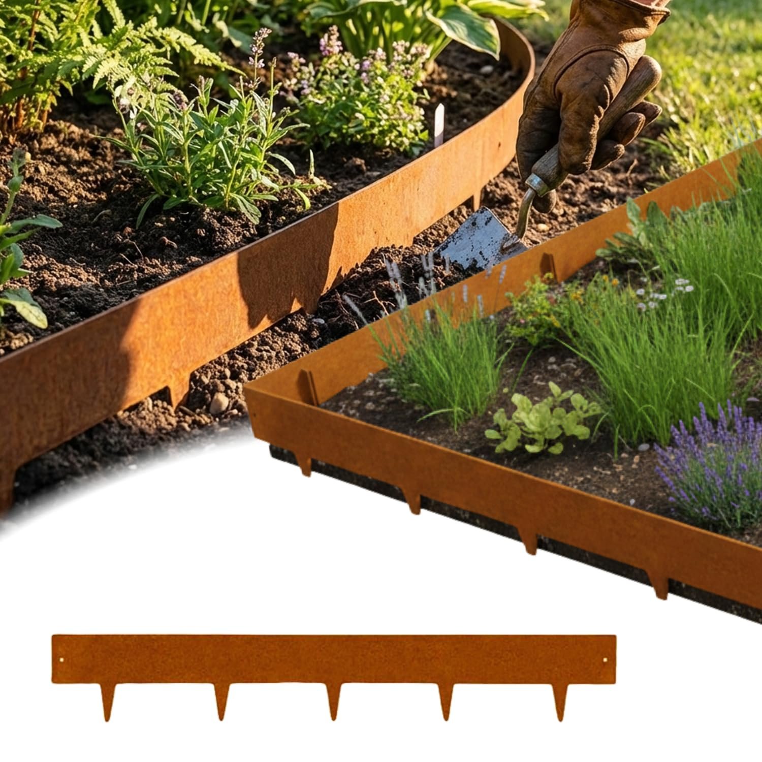 71JYHa16UxL Cortenstahl-Rasenkante 10 m – Abgerundete Oberseite, DIY Beeteinfassung für Obstgärten & Beetbegrenzung, 10 cm Höhe, Rostbraun – Bild 1