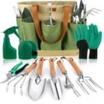 YAUNGEL Gartenwerkzeug Set, 10 Stück Schwerlast Edelstahl Gartenarbeit Kit mit Non-Slip Holzgriff- Garten Geschenke Verpackung für Frauen Männer, Grün