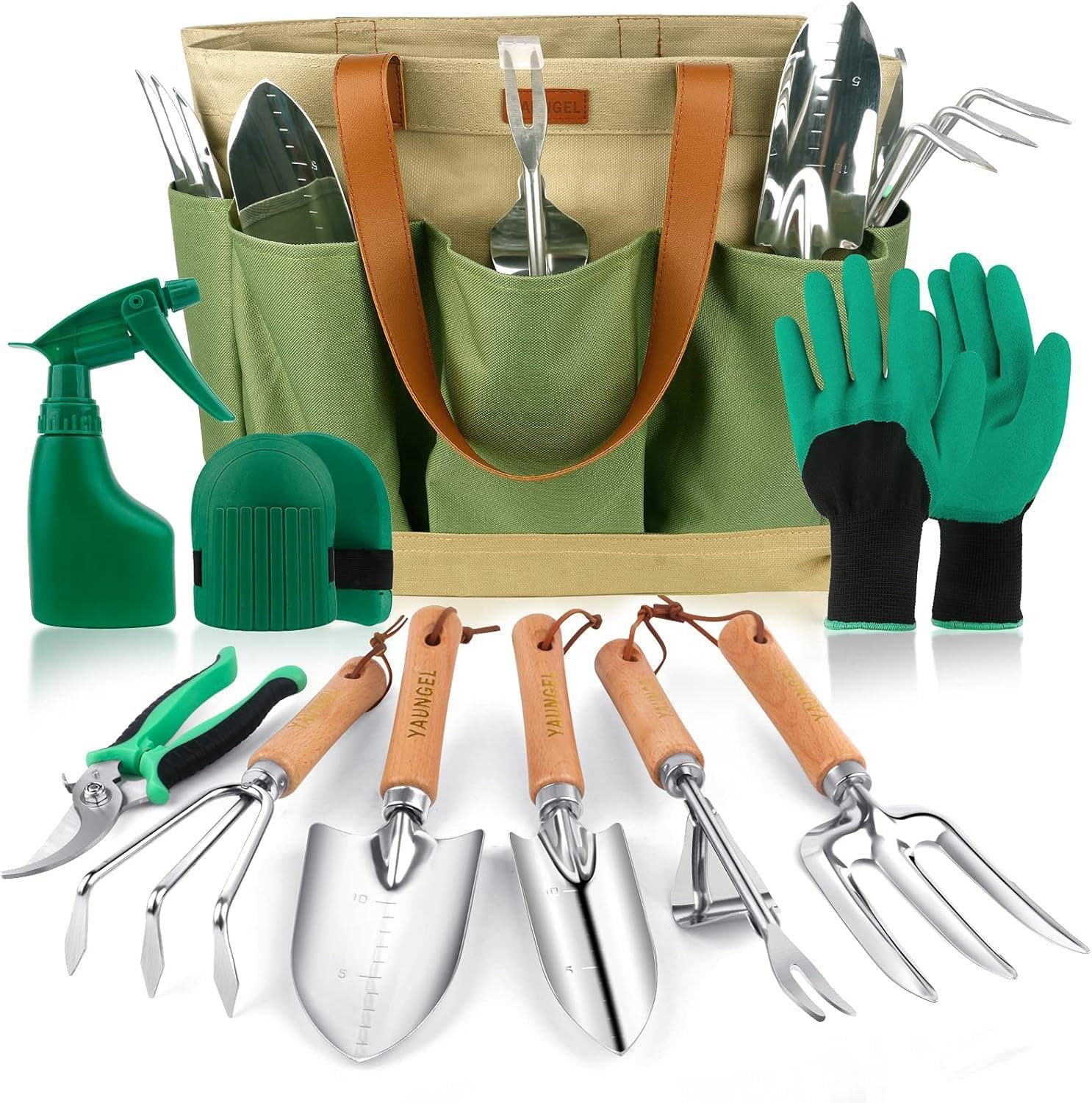 81-pSp58kyL YAUNGEL Gartenwerkzeug Set, 10 Stück Schwerlast Edelstahl Gartenarbeit Kit mit Non-Slip Holzgriff- Garten Geschenke Verpackung für Frauen Männer, Grün – Bild 1