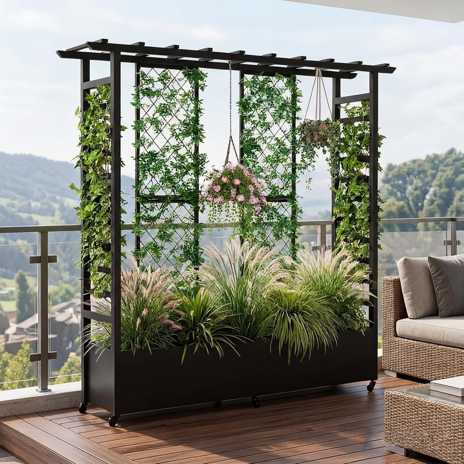 81kgFS9MMzL Metall-Hochbeet mit Rankgitter & Hängedach – Mobiler Pflanzkasten auf Rollen für Kletterpflanzen, Garten, Terrasse & Hof – Bild 1